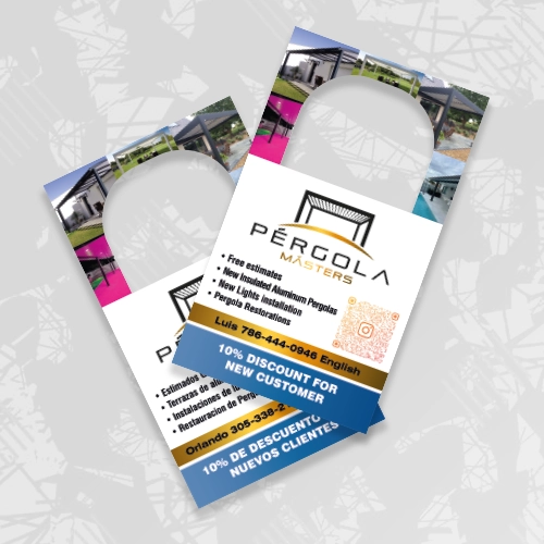 Custom printed door hanger promoting pergola installation services with a discount offer in Miami.