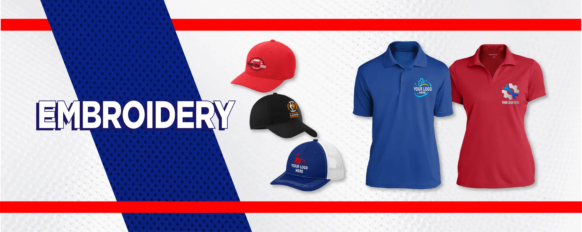 Custom embroidered hats and polos with placeholder business logos by Miami Epic Tees
