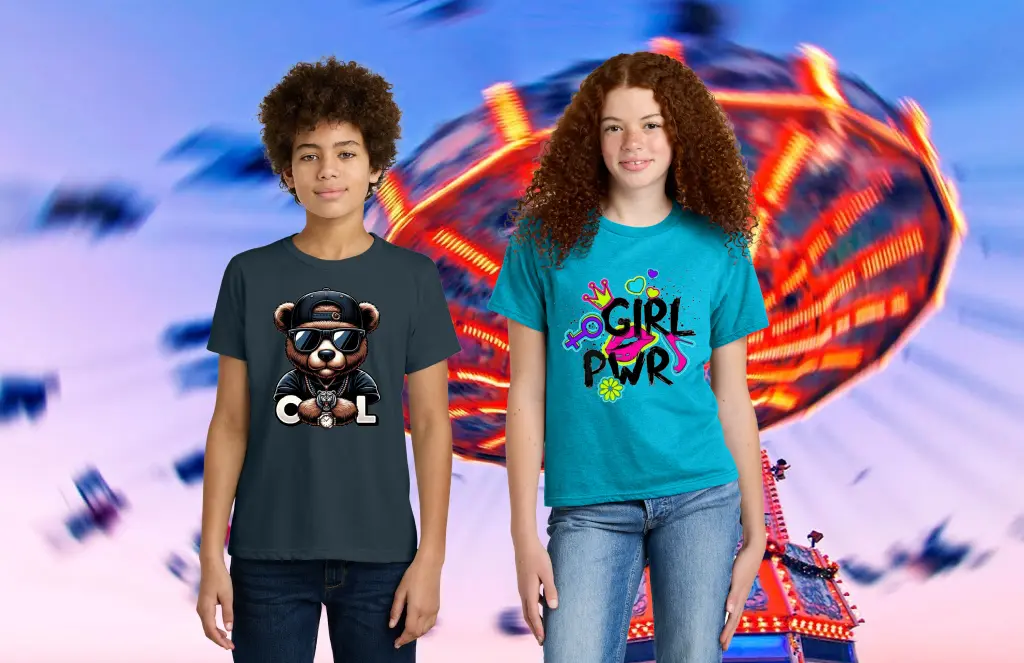 DTG printed kids shirts with cartoon bear and Girl Power designs by Miami Epic Tees