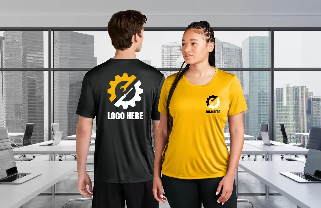 Custom black and yellow performance shirts with printed logos by Miami Epic Tees