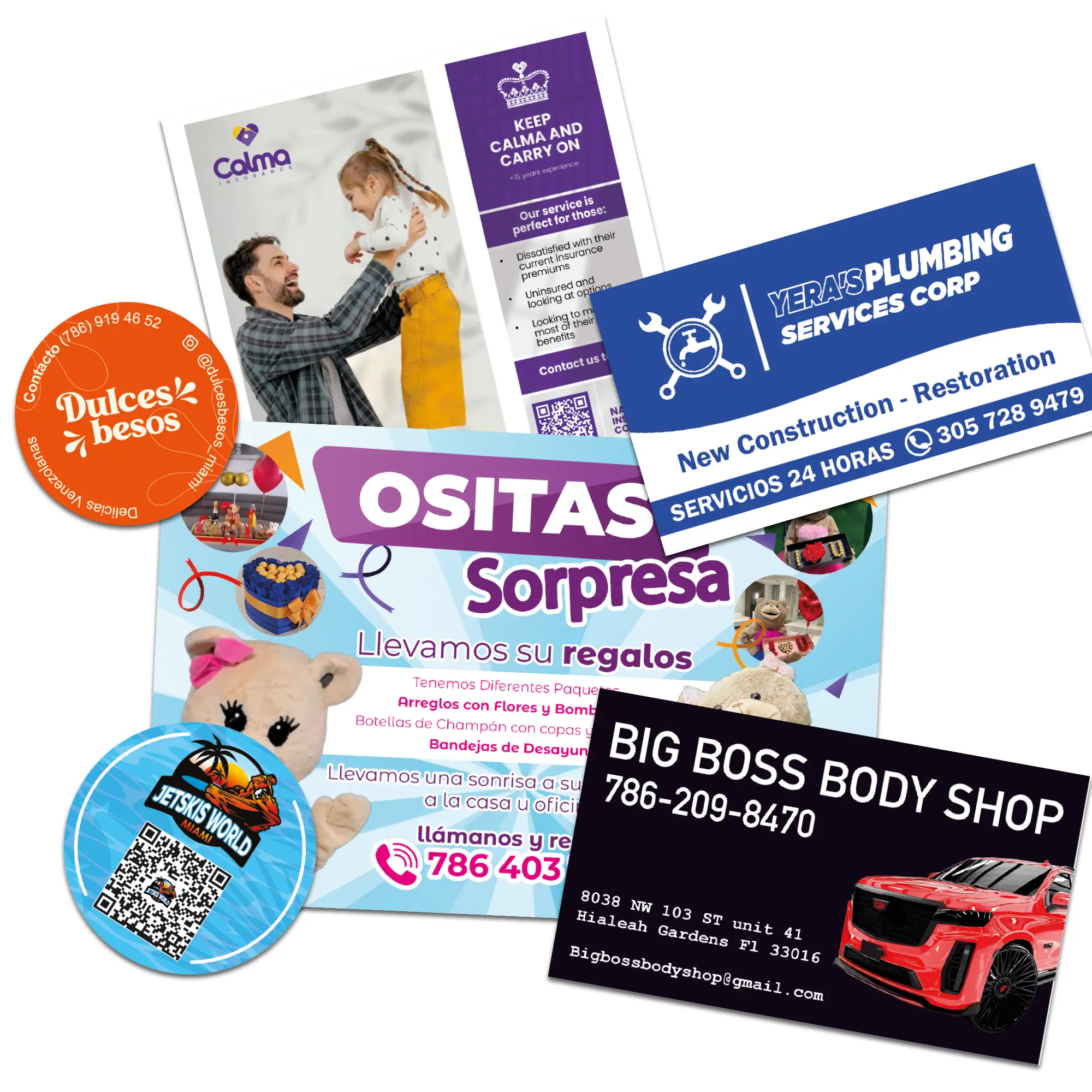 Custom printed flyers, postcards, and logo stickers by Miami Epic Tees for various businesses