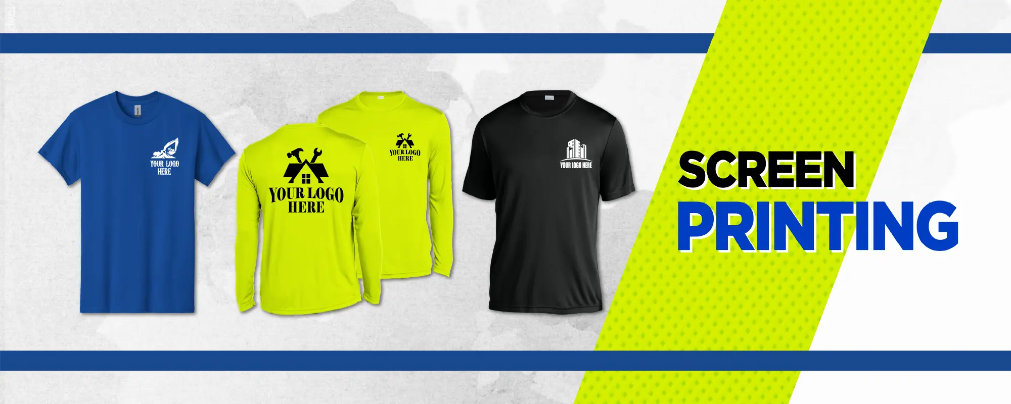 Custom logo screen printed shirts in various colors by Miami Epic Tees, featuring designs for construction and trade businesses