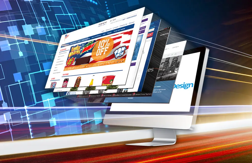Stacked website design previews on computer screen by Miami Epic Tees