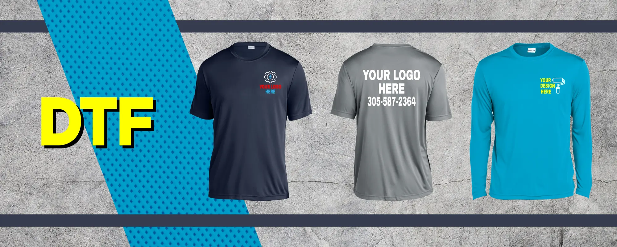 Custom performance shirts with logos printed using DTF transfers by Miami Epic Tees