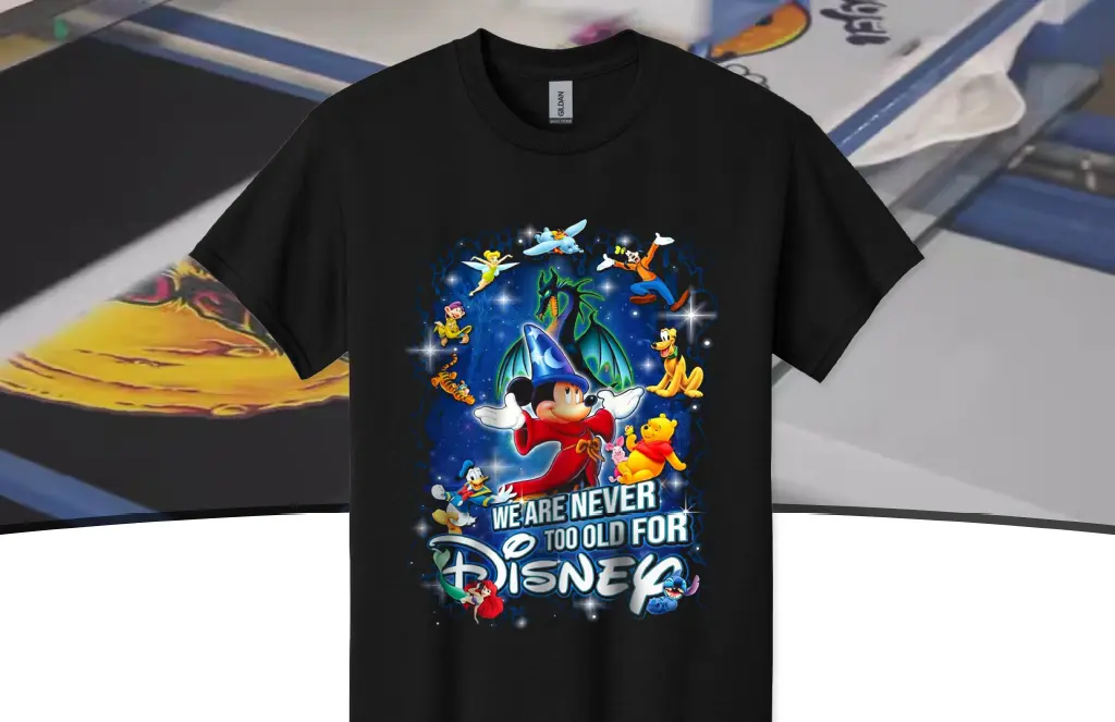 DTG printed Disney-themed t-shirt with colorful character design by Miami Epic Tees