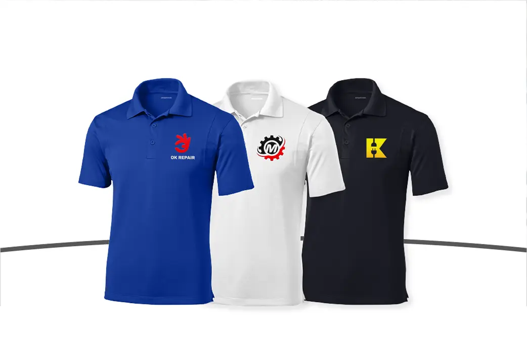 Blue, white, and black embroidered polo shirts with custom business logos by Miami Epic Tees