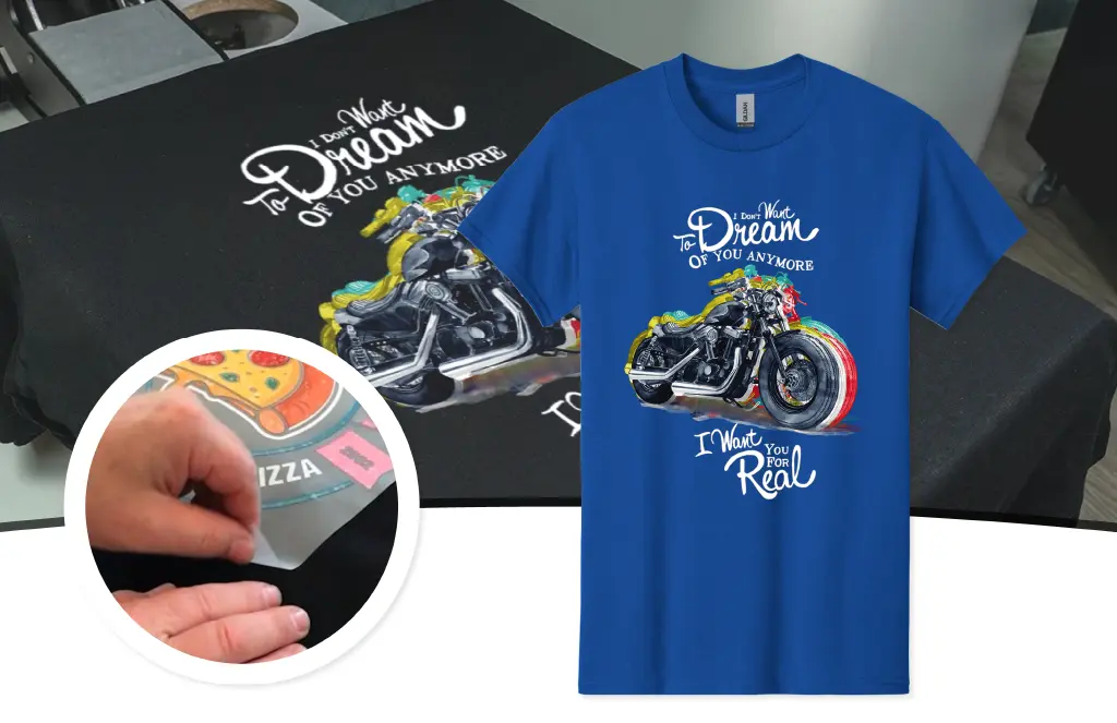 Blue DTG printed shirt with motorcycle design and peel-away graphic process by Miami Epic Tees