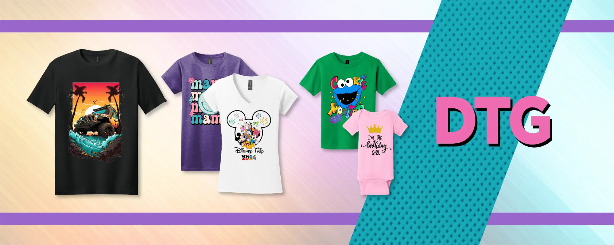 Colorful custom DTG printed t-shirts with cartoon and character designs from Miami Epic Tees
