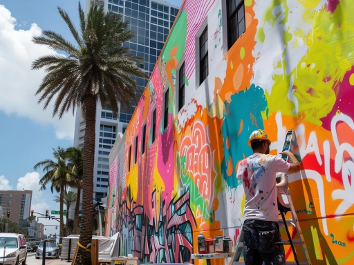 Street artist painting vibrant mural in Wynwood, Miami