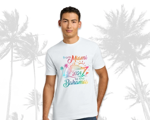 White custom t-shirt with colorful Miami to Bahamas 2024 design.