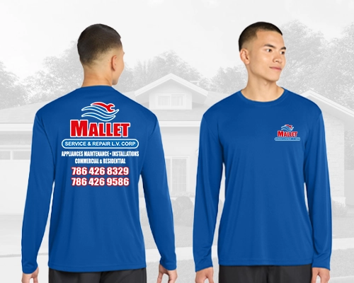 Custom printed blue uniform shirt for Mallet Service & Repair with front and back logo in Miami.