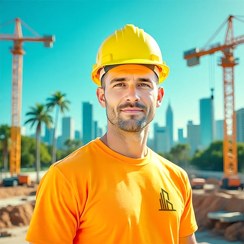 Construction worker wearing custom printed orange t-shirt with company logo, Miami skyline and cranes in the background.