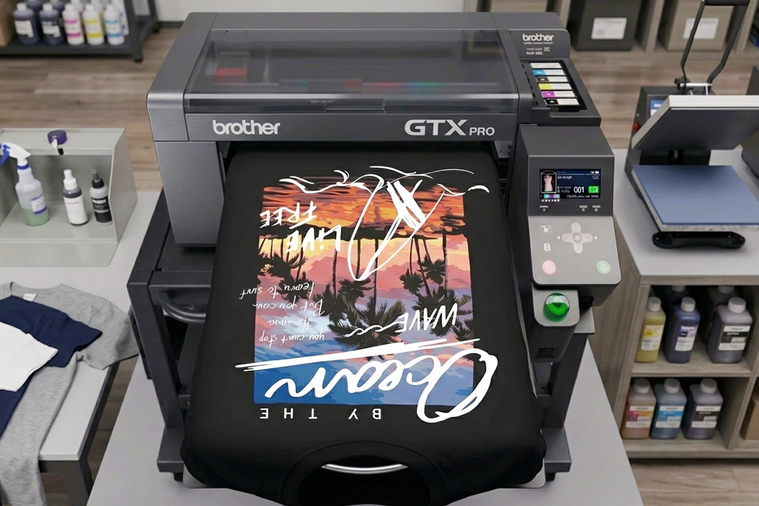 Brother GTX Pro printer creating a custom full-color t-shirt design in Miami