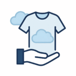 Icon of a hand holding a t-shirt with clouds, symbolizing the comfort and soft feel of garments printed with Direct to Garment technology.