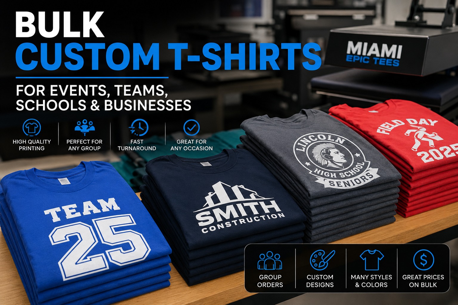 Bulk custom t-shirts printed by Miami Epic Tees