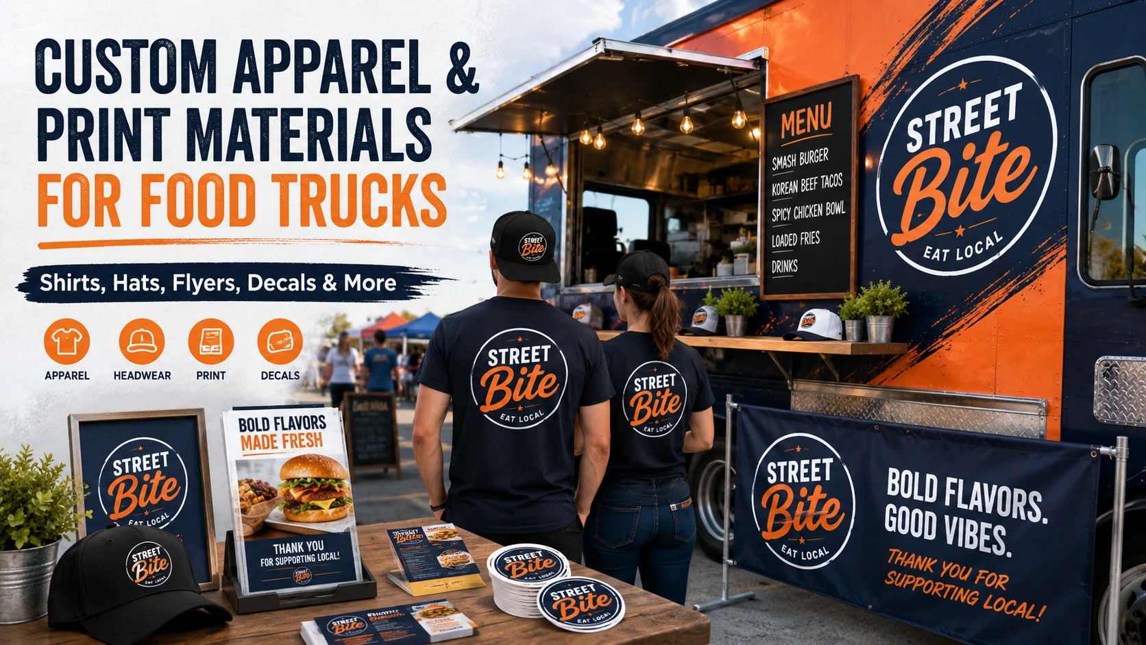 Food truck banner and printed materials for local promotion