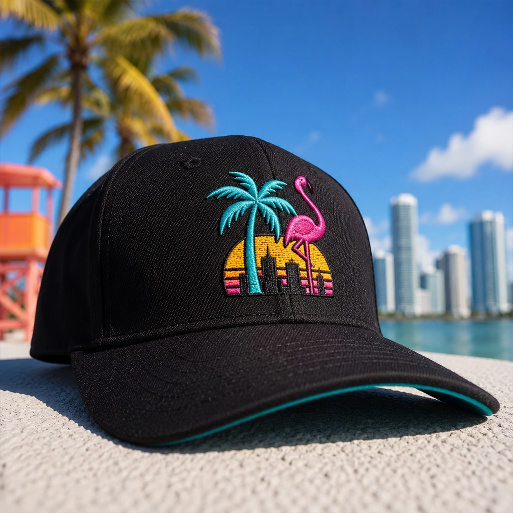Custom embroidered hat with Miami skyline, palm tree and flamingo design created by Miami Epic Tees
