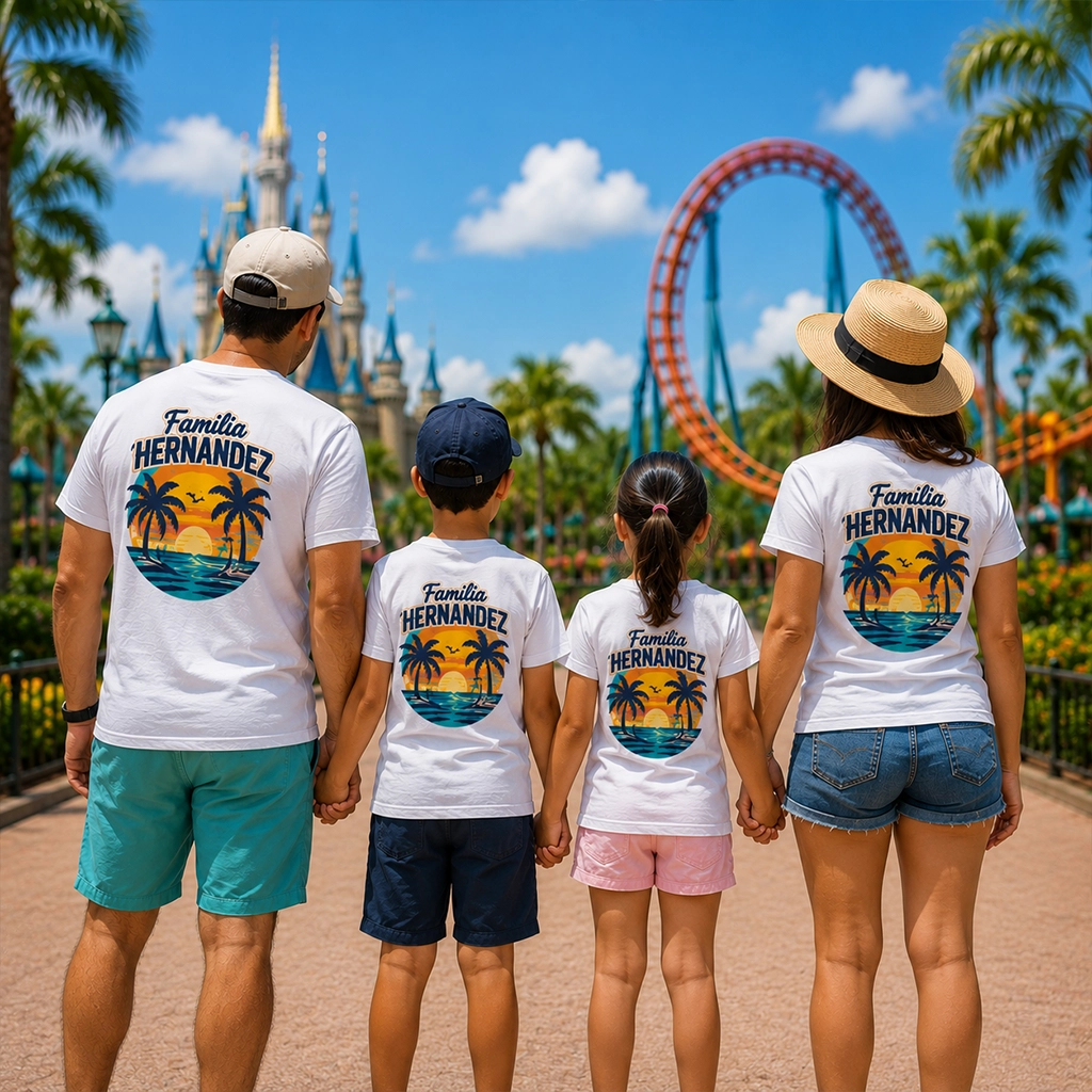 Custom family reunion shirts with matching vacation designs worn by a family at a theme park in Florida
