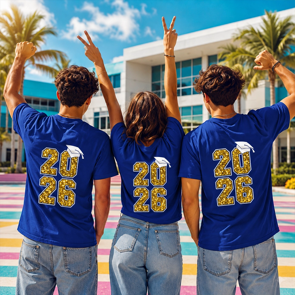 Students wearing custom graduation shirts with Class of 2026 design for a Miami school celebration