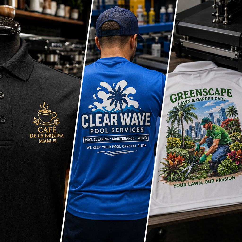 Custom branded apparel for small businesses in Miami featuring embroidered polos, company uniforms and promotional work shirts