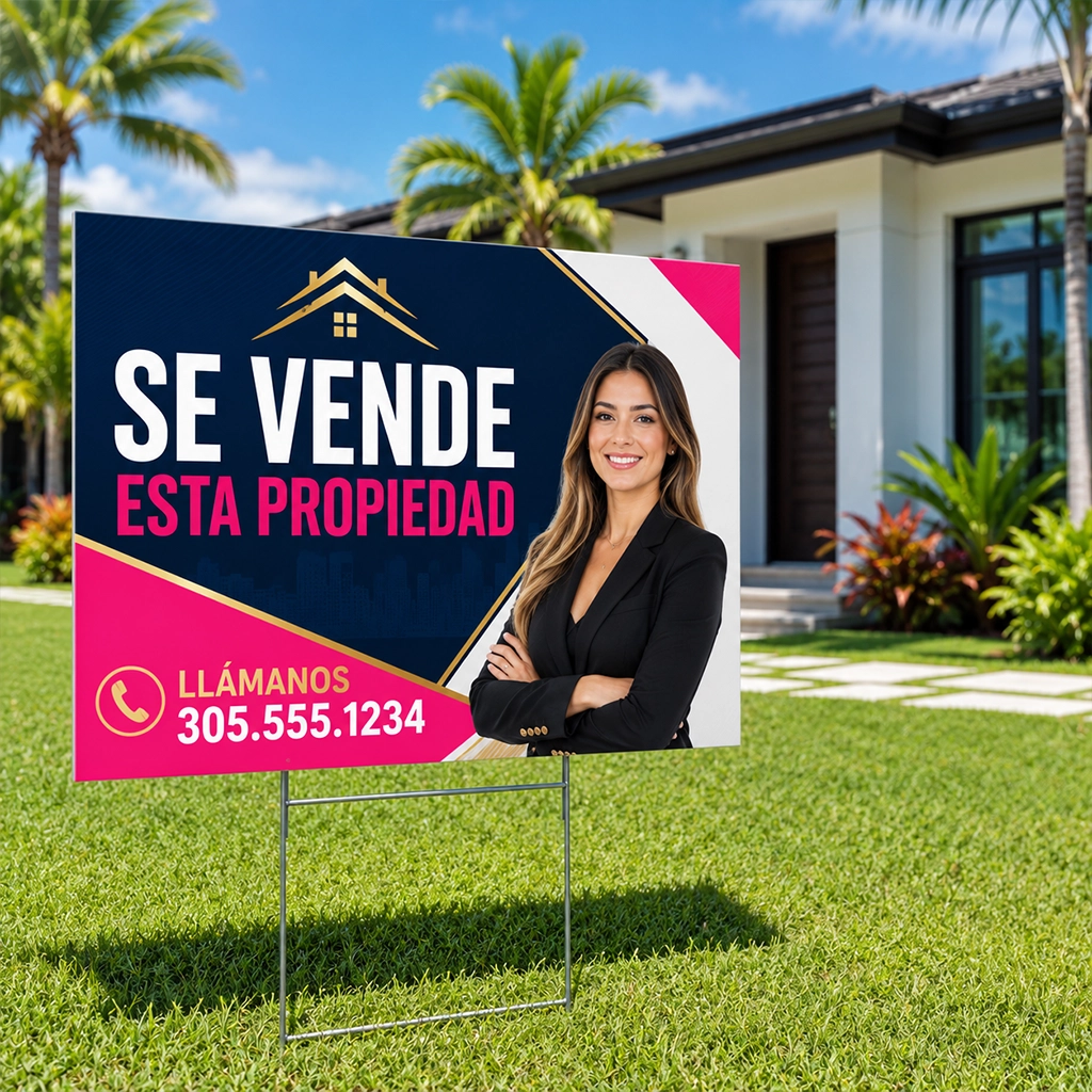 Custom real estate yard sign with agent branding displayed in front of a Miami home for sale
