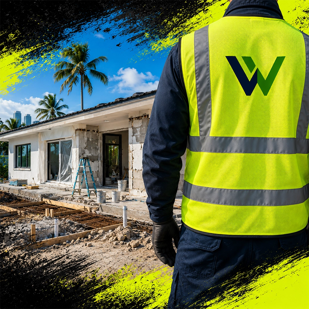 Custom safety vest with company logo at a construction site in Miami featuring high-visibility workwear