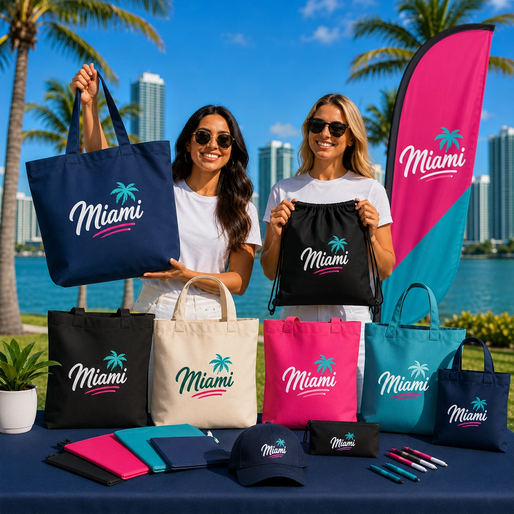 Custom tote bags and promotional bags with branded logos displayed for marketing and corporate events in Miami
