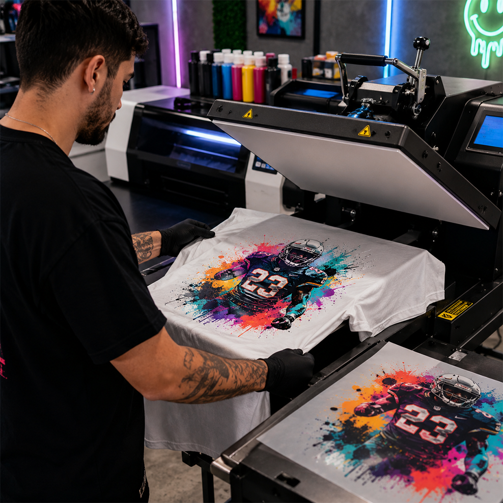 Custom t-shirt printing process in Miami featuring full-color apparel production on a professional heat press machine
