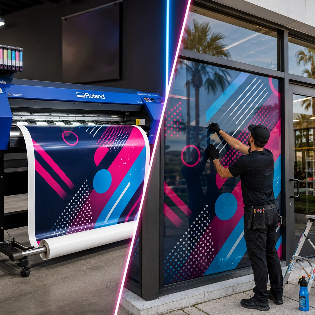 Custom window decals and storefront graphics installation for a Miami business using large-format vinyl printing
