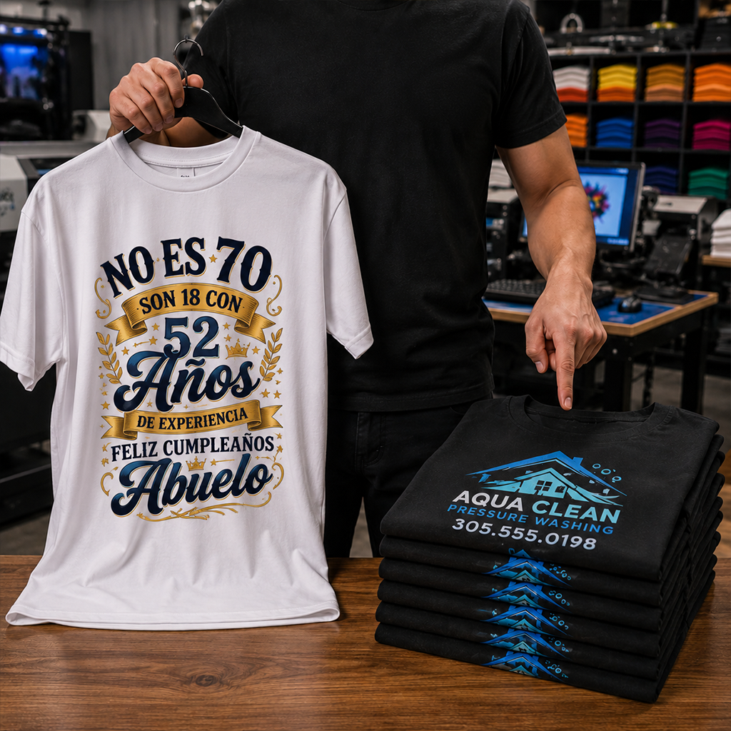Custom shirts printed for both single orders and bulk orders at a professional custom apparel shop in Miami