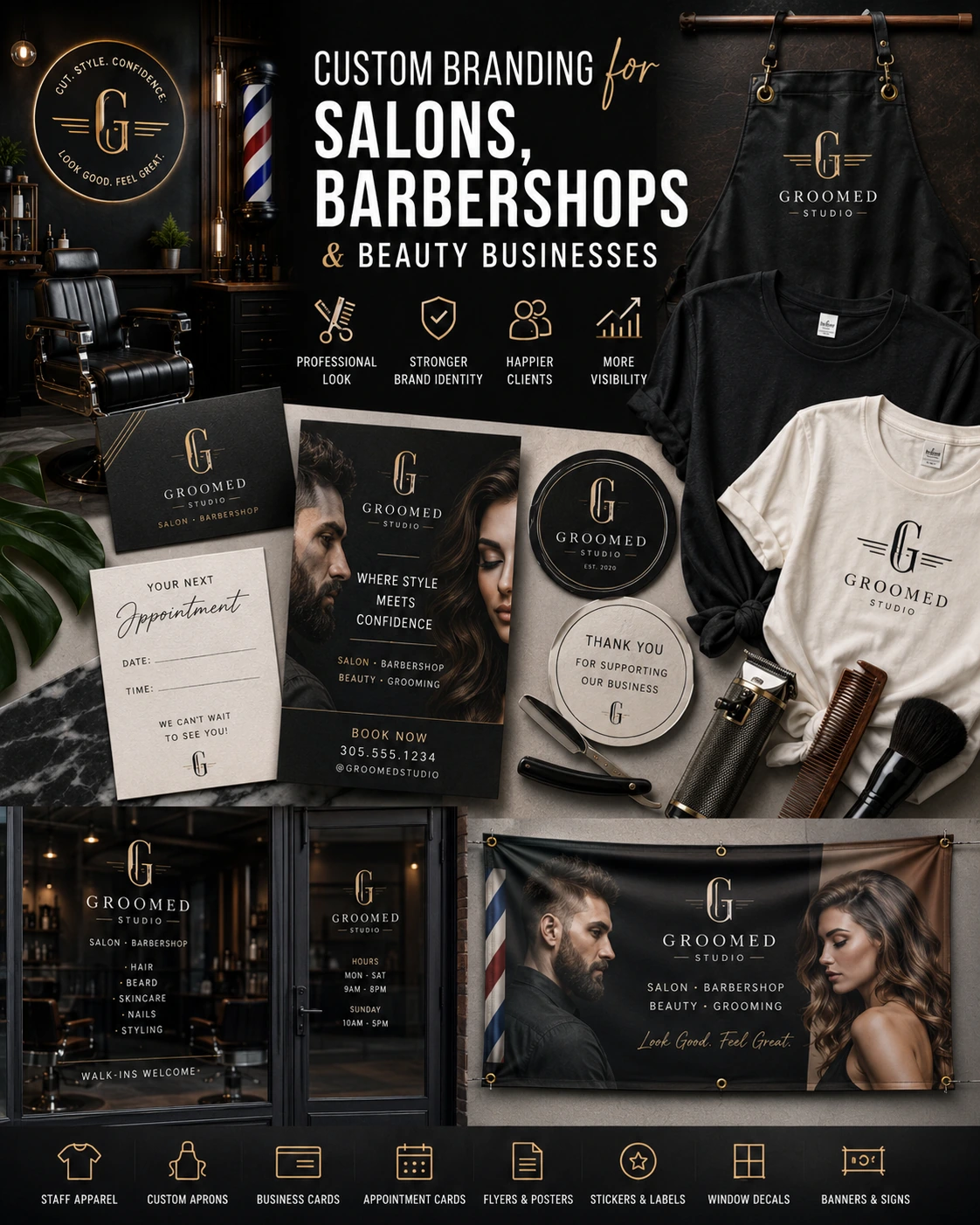 Salon window decals and printed marketing materials