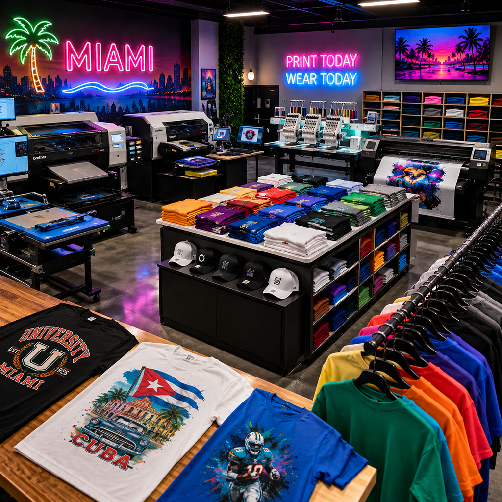 Custom apparel printing shop in Miami offering same-day custom shirt printing and fast turnaround services