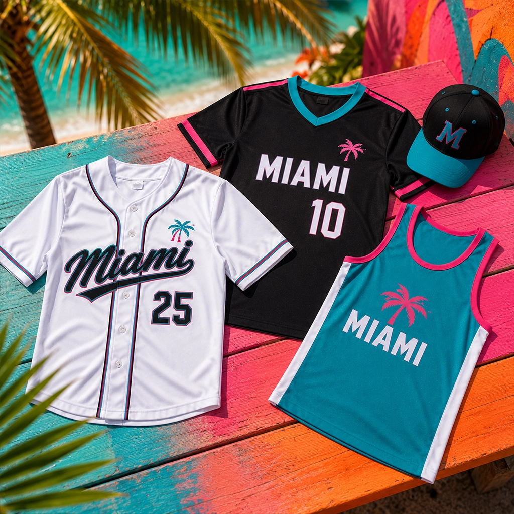 Custom team uniforms and sports jerseys designed for Miami teams with professional athletic apparel printing