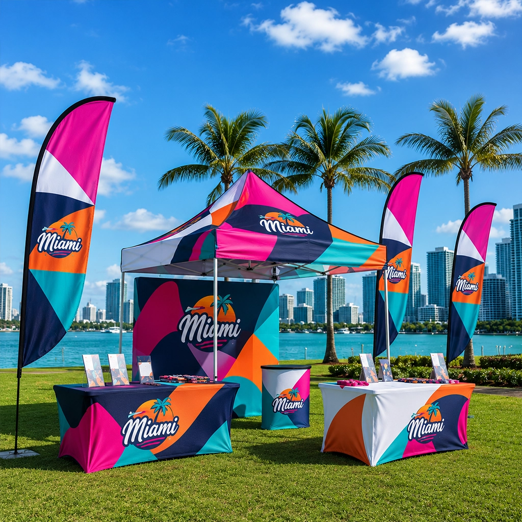 Custom trade show booth with branded canopy, banners and event displays in Miami Florida