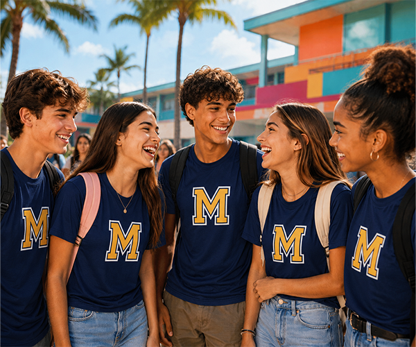 High school students wearing matching custom spirit wear T-shirts with a school logo in Miami, celebrating school pride and back-to-school season.