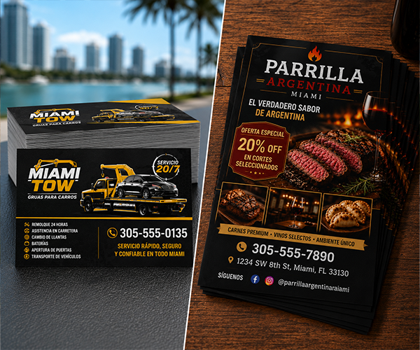 Custom business cards and promotional flyers printed in Miami, showcasing professional marketing materials for local businesses by Miami Epic Tees.