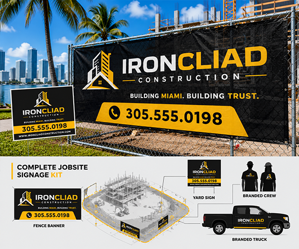 Custom construction jobsite signage in Miami including fence banners, yard signs, branded workwear, and vehicle graphics for contractors and construction companies.
