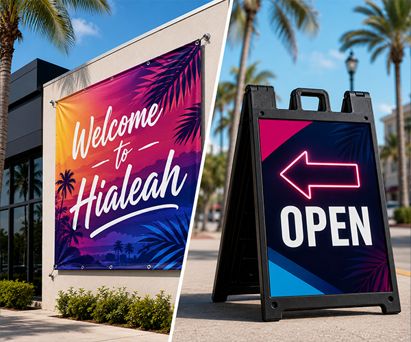 Custom vinyl banner and A-frame sidewalk sign used for business advertising and storefront promotions in Miami.