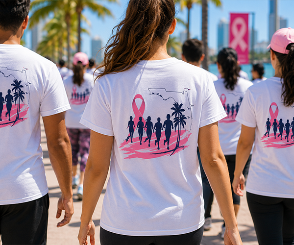 Design custom t-shirts for breast cancer awareness walks and charity runs. Premium printed shirts for teams, fundraisers, and community events. Order today!