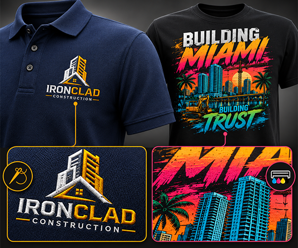 Comparison of custom embroidery on a polo shirt and vibrant full-color T-shirt printing in Miami, showcasing premium apparel decoration services for businesses, brands, and construction companies.