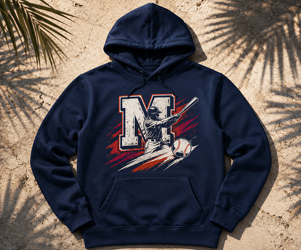 Custom hoodie in Miami featuring a bold baseball-inspired graphic design, ideal for school spirit wear, sports teams, businesses, and personalized apparel.