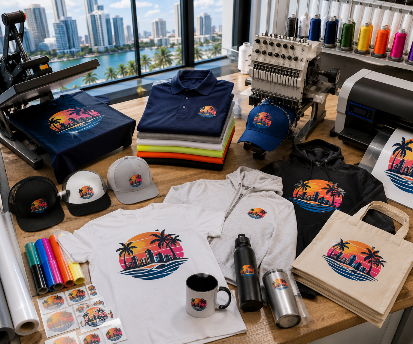 Custom printing and promotional products in Miami including T-shirts, polo shirts, hoodies, hats, tote bags, water bottles, tumblers, mugs, and stickers with branded designs.