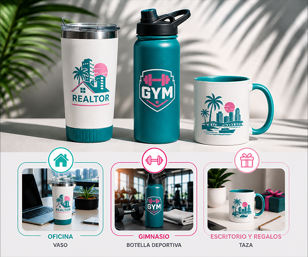 Custom promotional drinkware in Miami featuring branded tumblers, sports water bottles, and ceramic mugs with full-color logos for businesses, gyms, real estate professionals, and corporate gifts.
