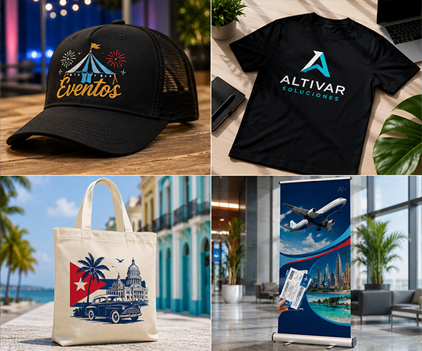 Collection of custom promotional products including embroidered hats, branded t-shirts, tote bags, and retractable banners printed in Miami.
