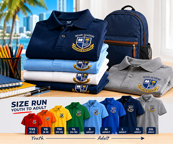 Custom school uniforms in Miami featuring embroidered polo shirts, youth and adult size options, and school backpacks for academies, private schools, and educational organizations.