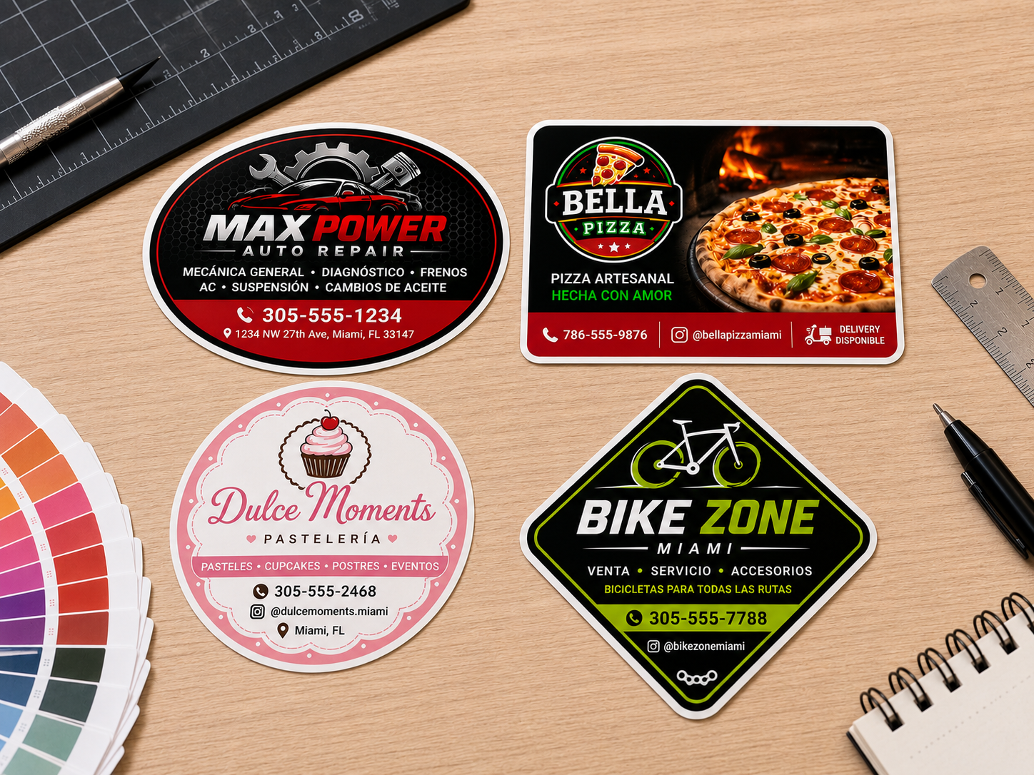 Custom stickers and decals in Miami featuring colorful branded designs for auto repair, restaurants, bakeries, and local businesses.