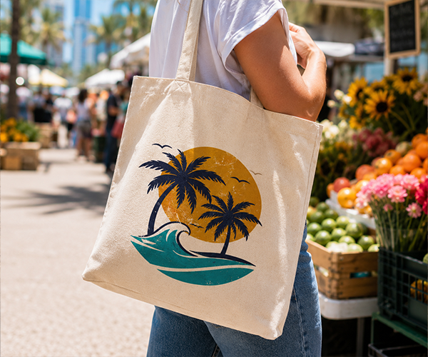 Custom reusable tote bag with tropical Miami palm tree design at a local market