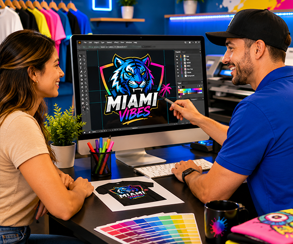 Graphic designer helping a customer prepare a logo and artwork for high-quality custom t-shirt and apparel printing.