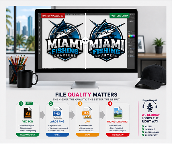 Comparison of raster and vector logo artwork showing professional logo vector conversion and redraw services in Miami for high-quality printing on apparel, signs, and promotional products.