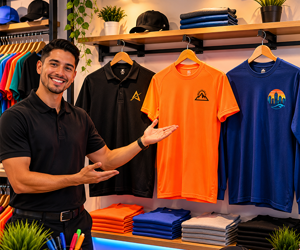 Print shop showcasing custom polo shirts, cotton t-shirts and performance apparel for business branding, uniforms and promotional events.